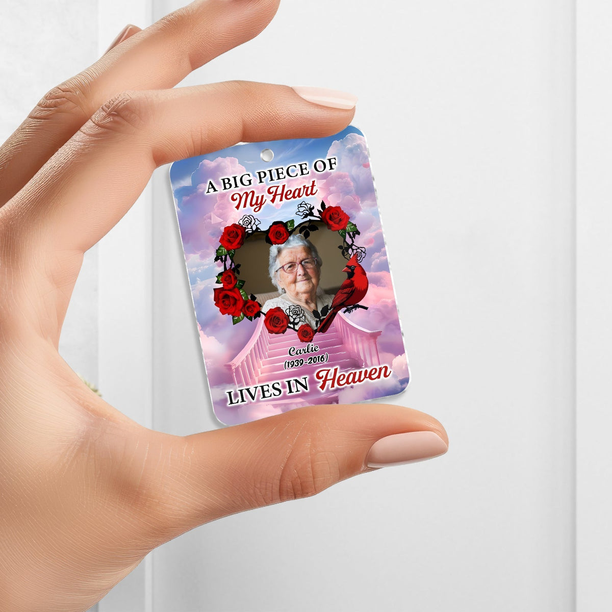 Personalized memorial keychain featuring a heartfelt tribute with roses and custom photo