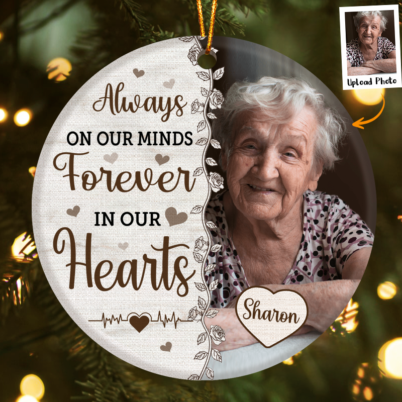 365Rustic personalized memorial photo ornament with custom photo and heartfelt message Always on our minds forever in our hearts