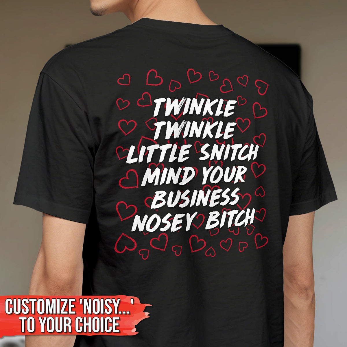 Black personalized mind your business t-shirt with white and red heart design and bold text on the back