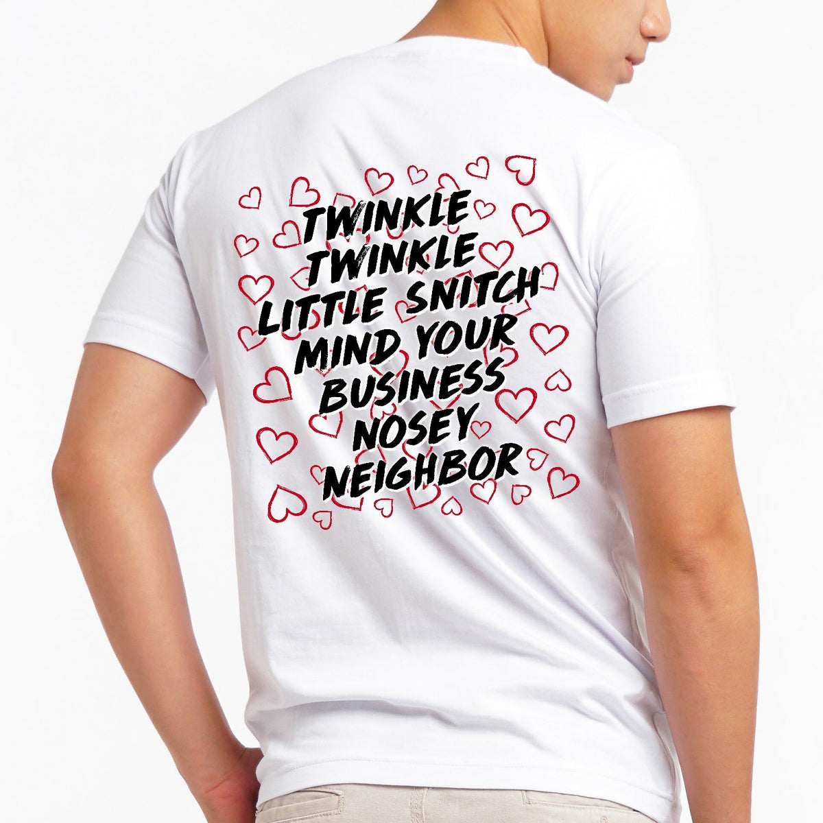 White personalized mind your business t-shirt with black and red text design surrounded by red hearts