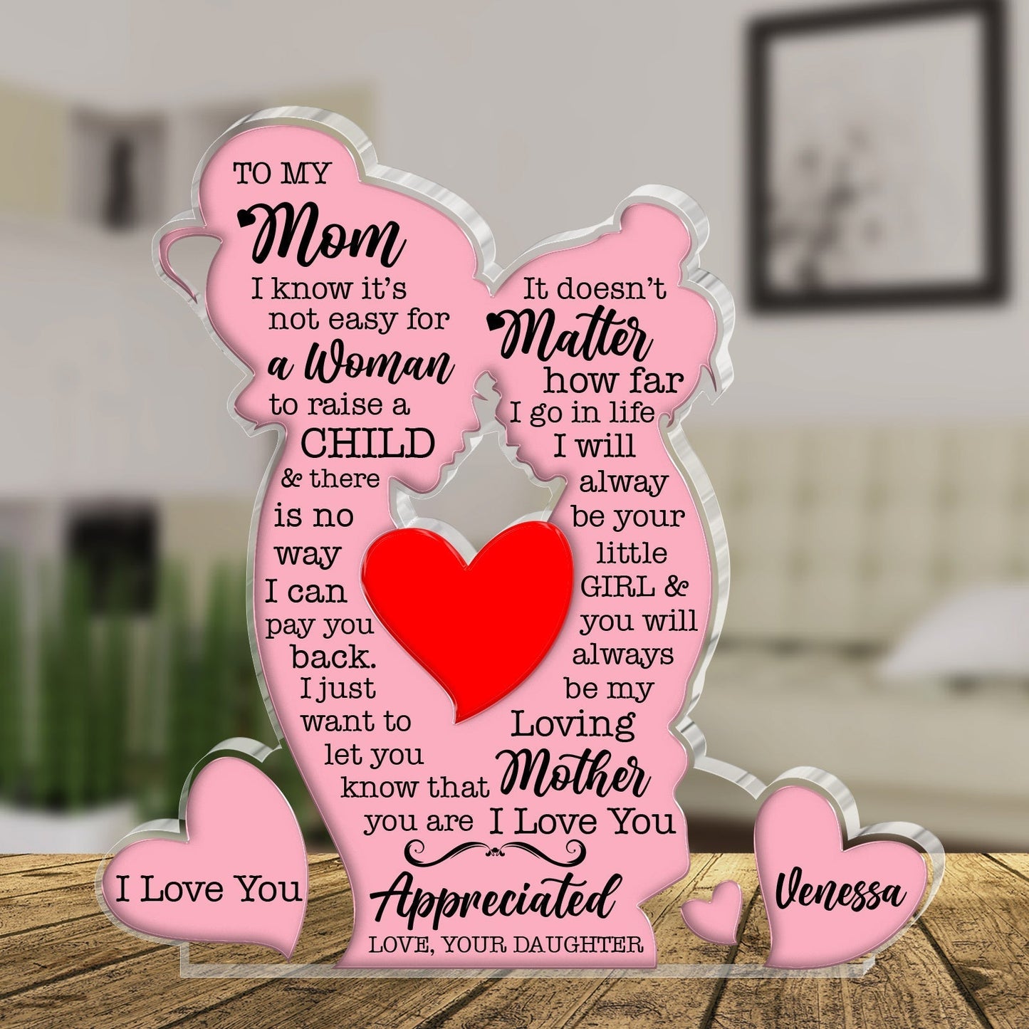 Personalized mom acrylic plaque featuring heartfelt messages and a red heart design