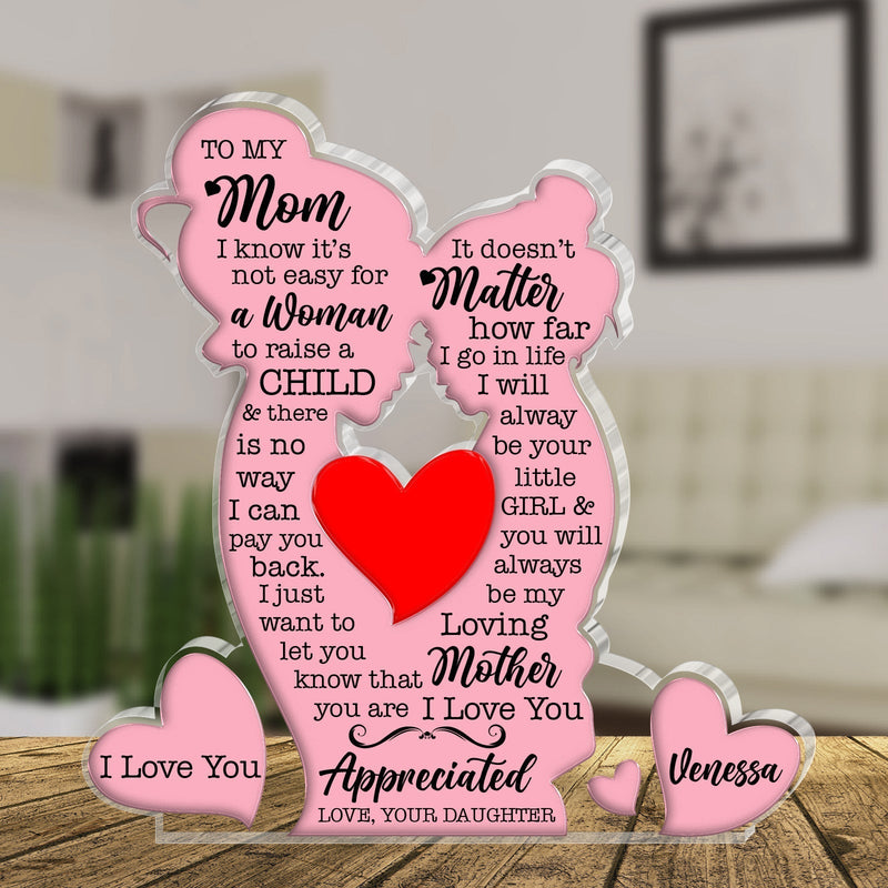 Personalized mom acrylic plaque featuring heartfelt messages and a red heart design