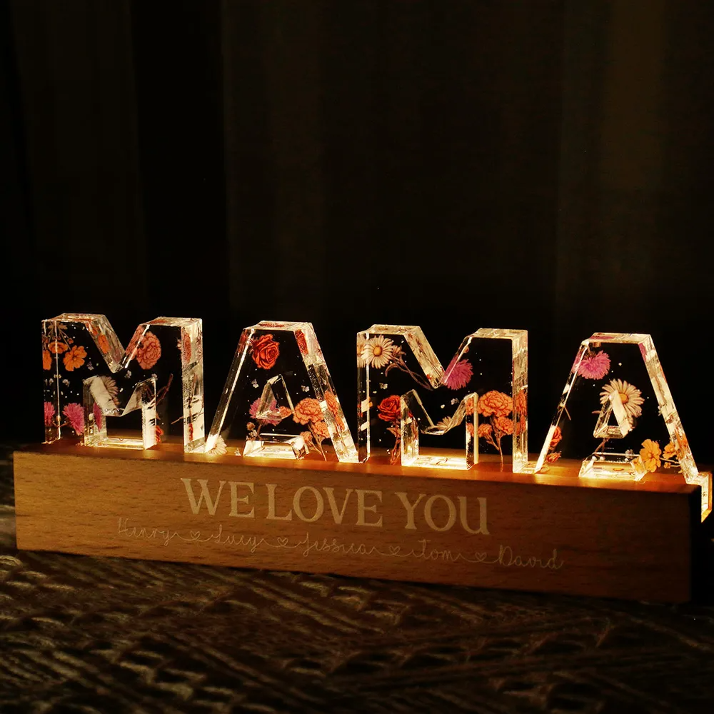 Personalized mom birth LED Light with floral design and wooden base for unique home decor