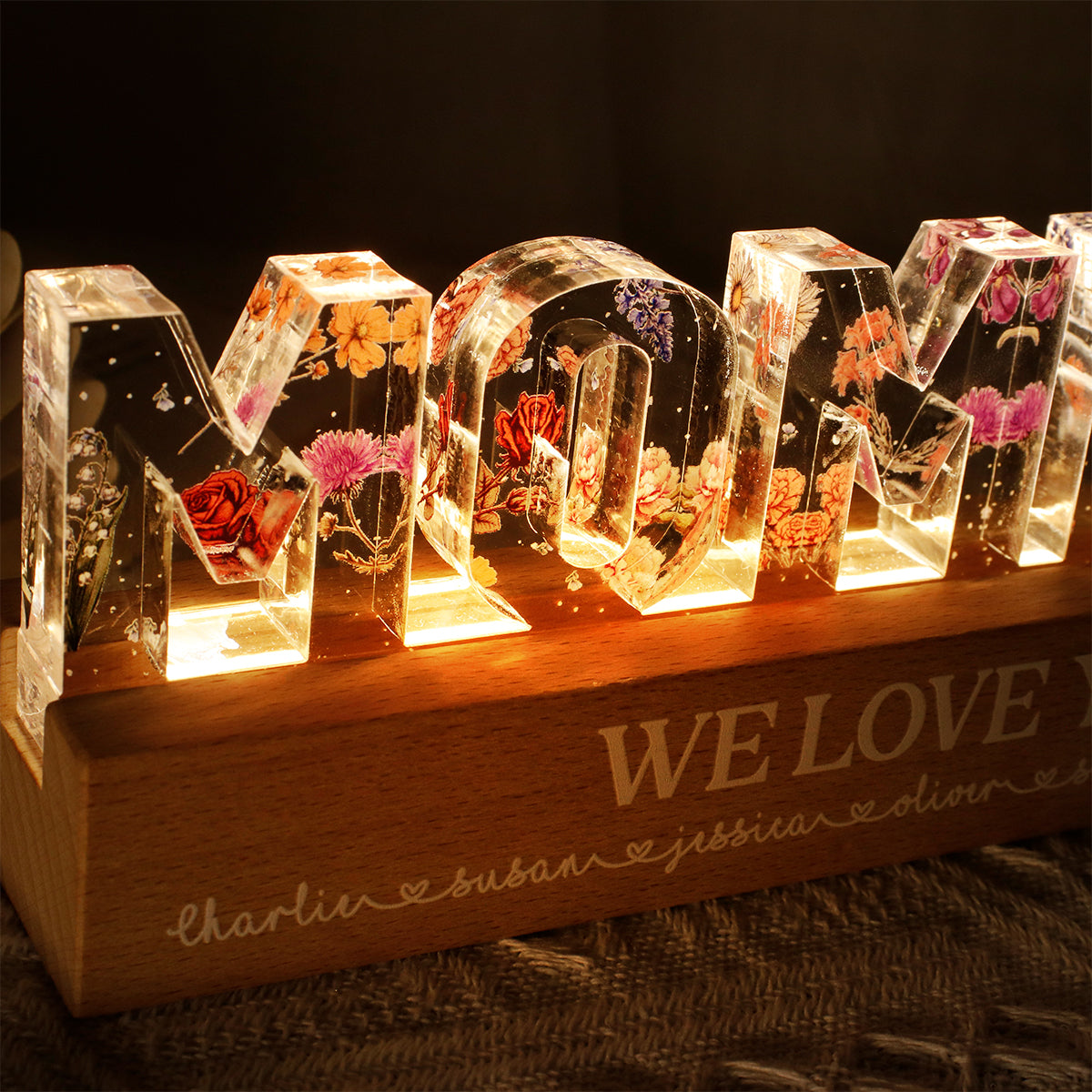 Personalized mom birth LED Light with floral design illuminating warm colors for unique home decor
