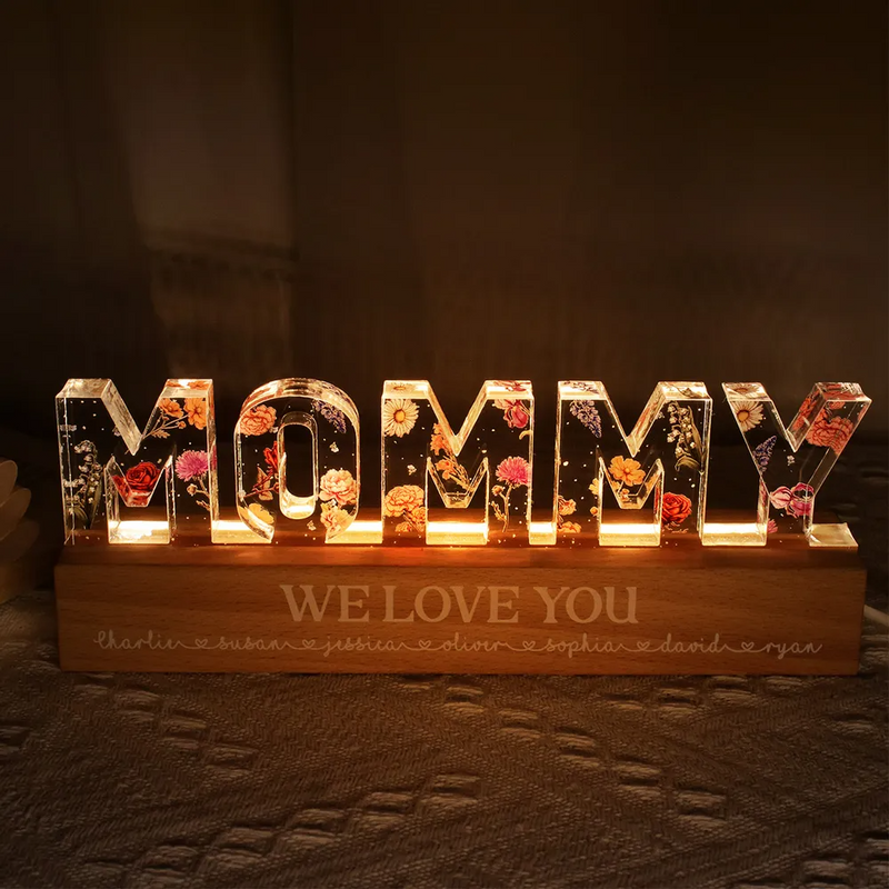Personalized mom birth LED Light with floral design and engraved message 'We Love You'