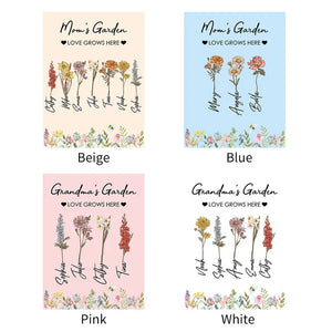 Personalized mom blanket in four colors featuring floral designs and customizable names