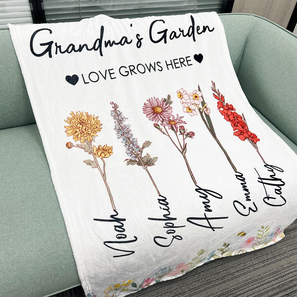 Personalized mom blanket featuring floral design with names for a heartfelt gift