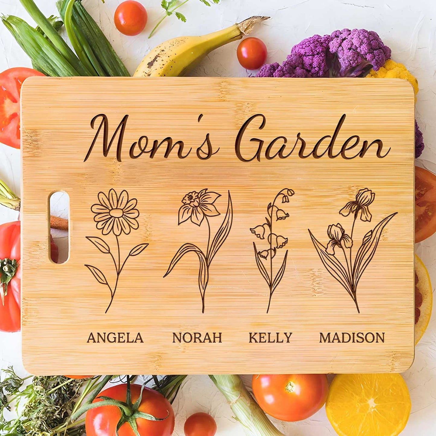 Personalized mom cutting board with floral design and engraved names for a unique kitchen accessory