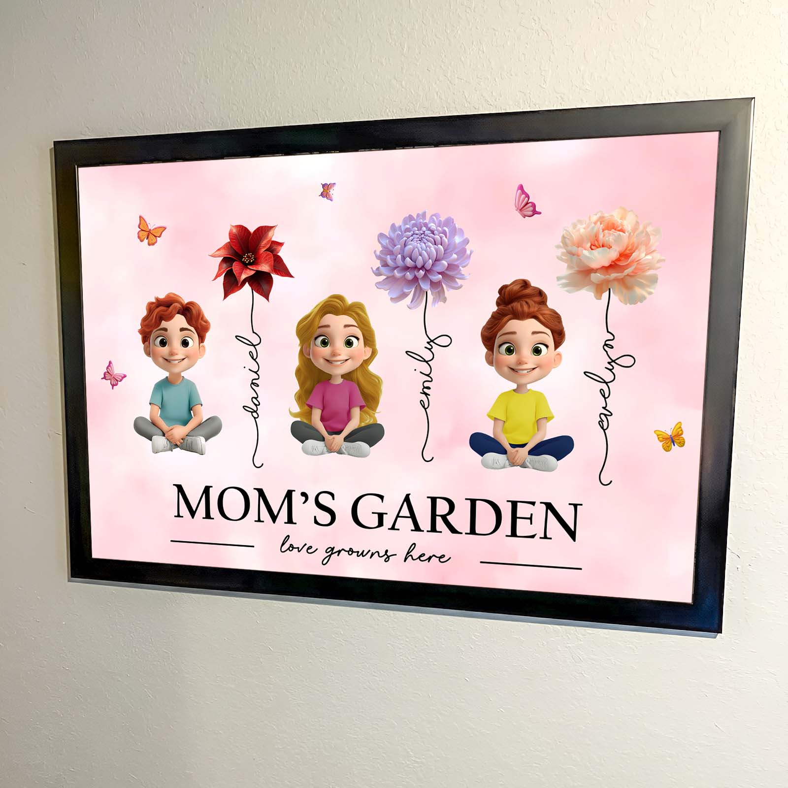 Personalized mom garden poster featuring cartoon children with flowers and the text, Love Grows Here