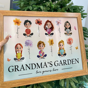 Personalized mom garden poster featuring cartoon characters and flowers in a framed design