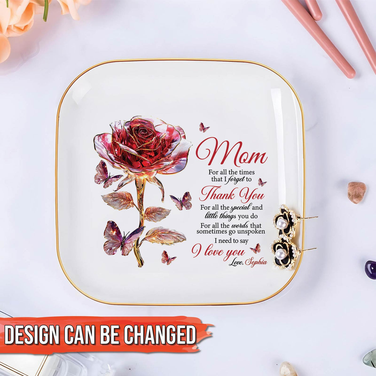 Elegant personalized mom jewelry dish with floral design and heartfelt message of love and gratitude
