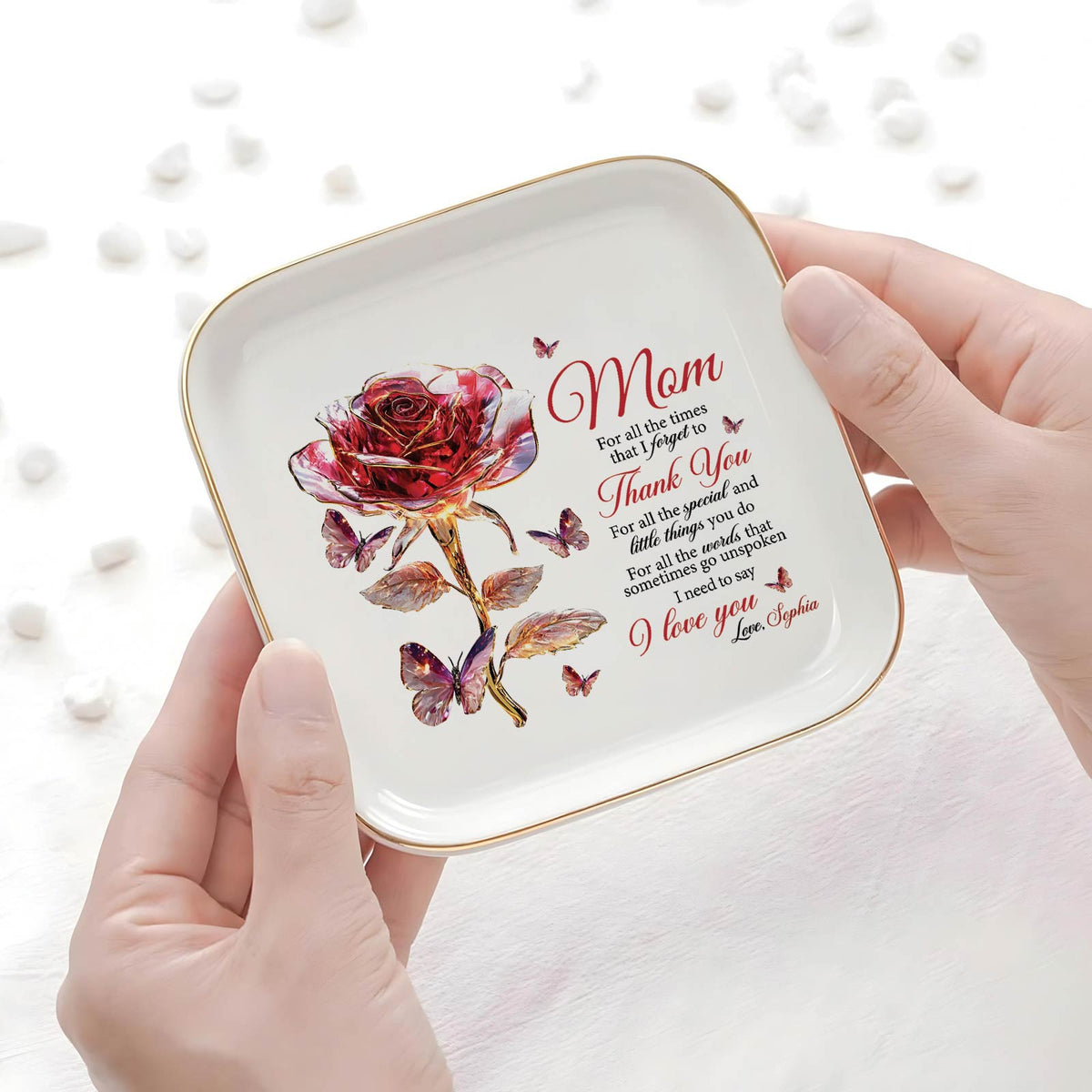 Personalized mom jewelry dish featuring a floral design and heartfelt message for mothers
