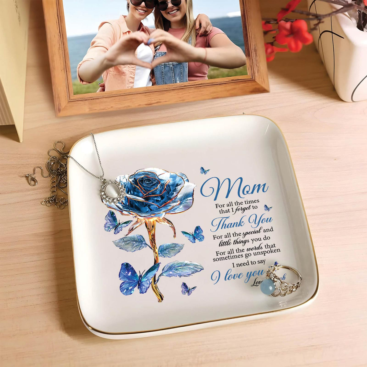 Personalized mom jewelry dish featuring a blue rose and heartfelt message for special moments