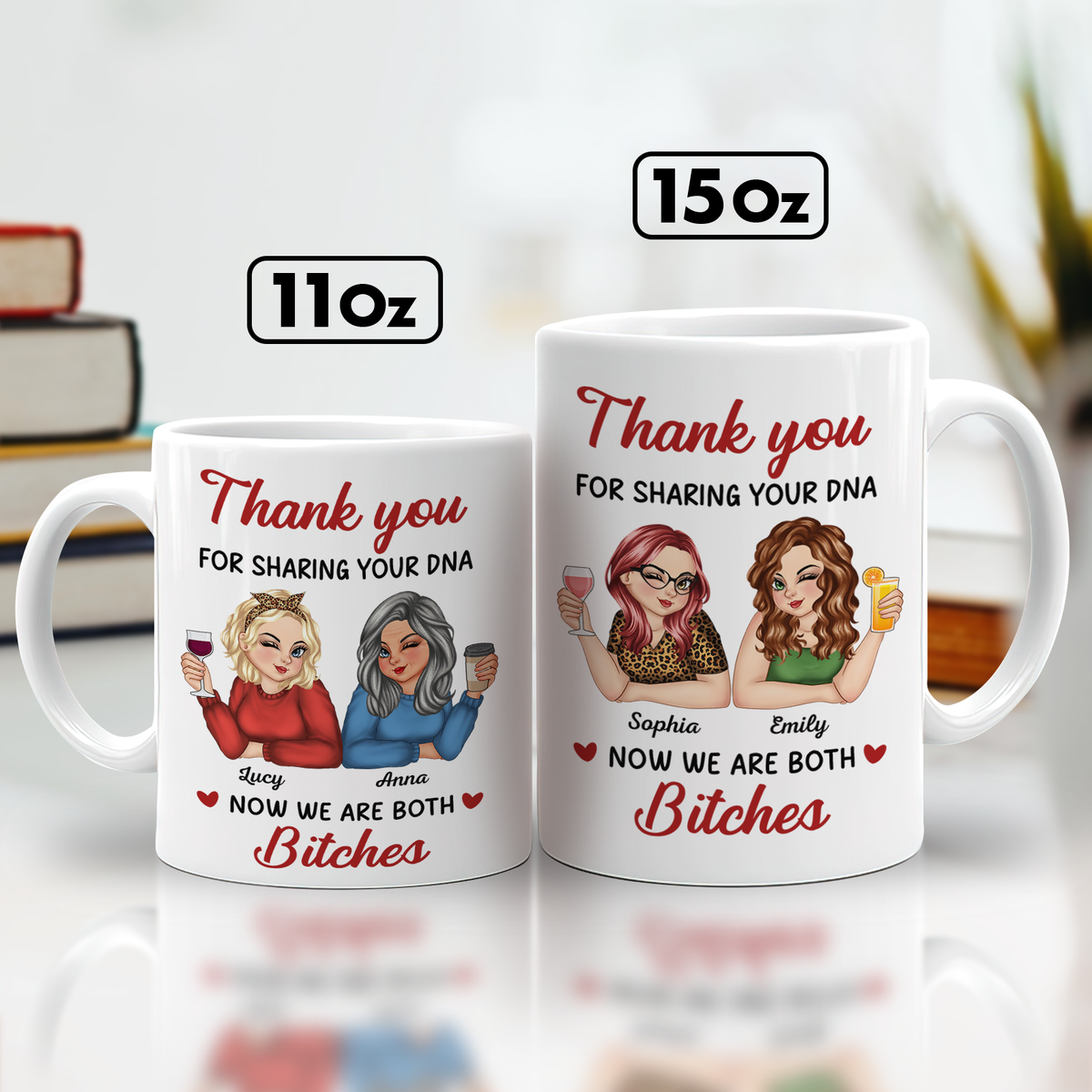 Personalized mom mug featuring three women celebrating friendship with fun text and colorful design.