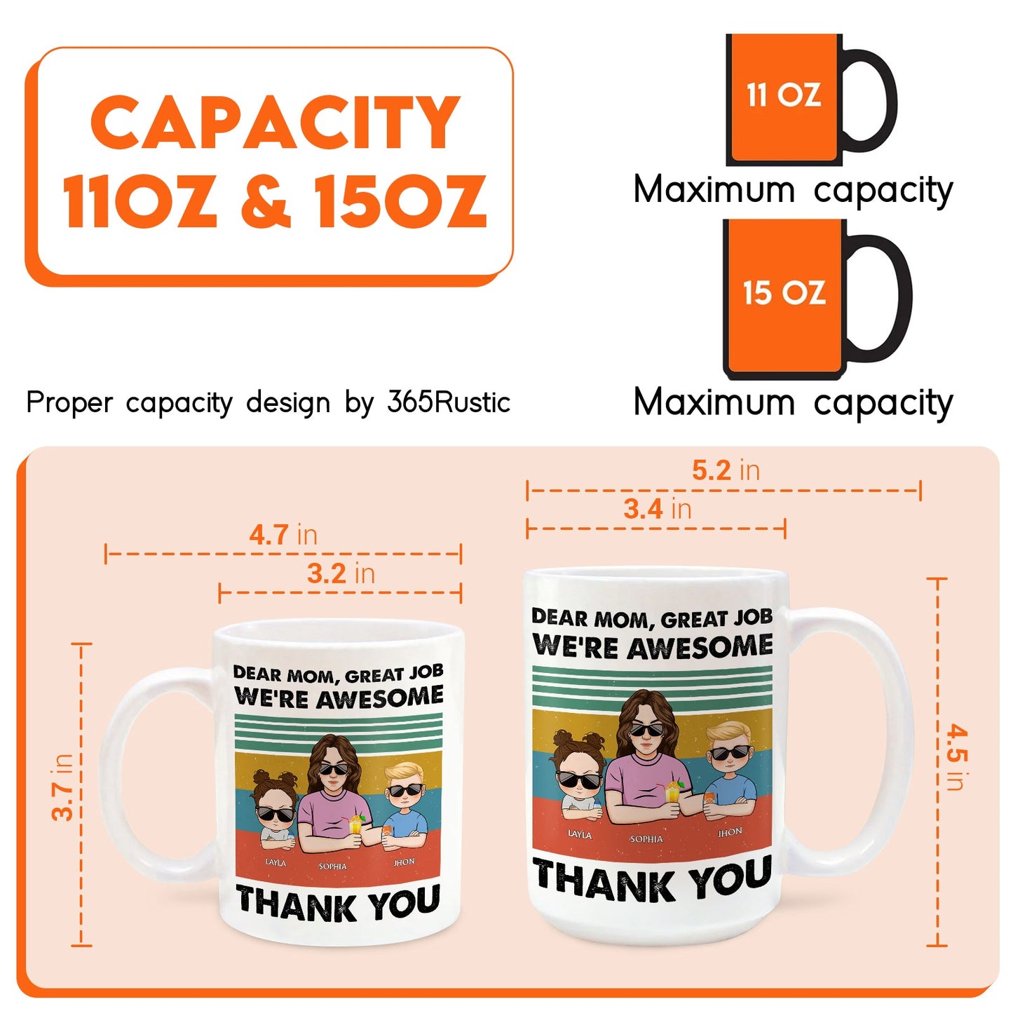 Personalized mom mug featuring a colorful design with the text Dear Mom, Great Job, We're Awesome, Thank You