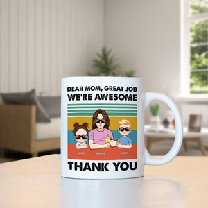 Personalized mom mug featuring cartoon kids with a message of appreciation and fun design