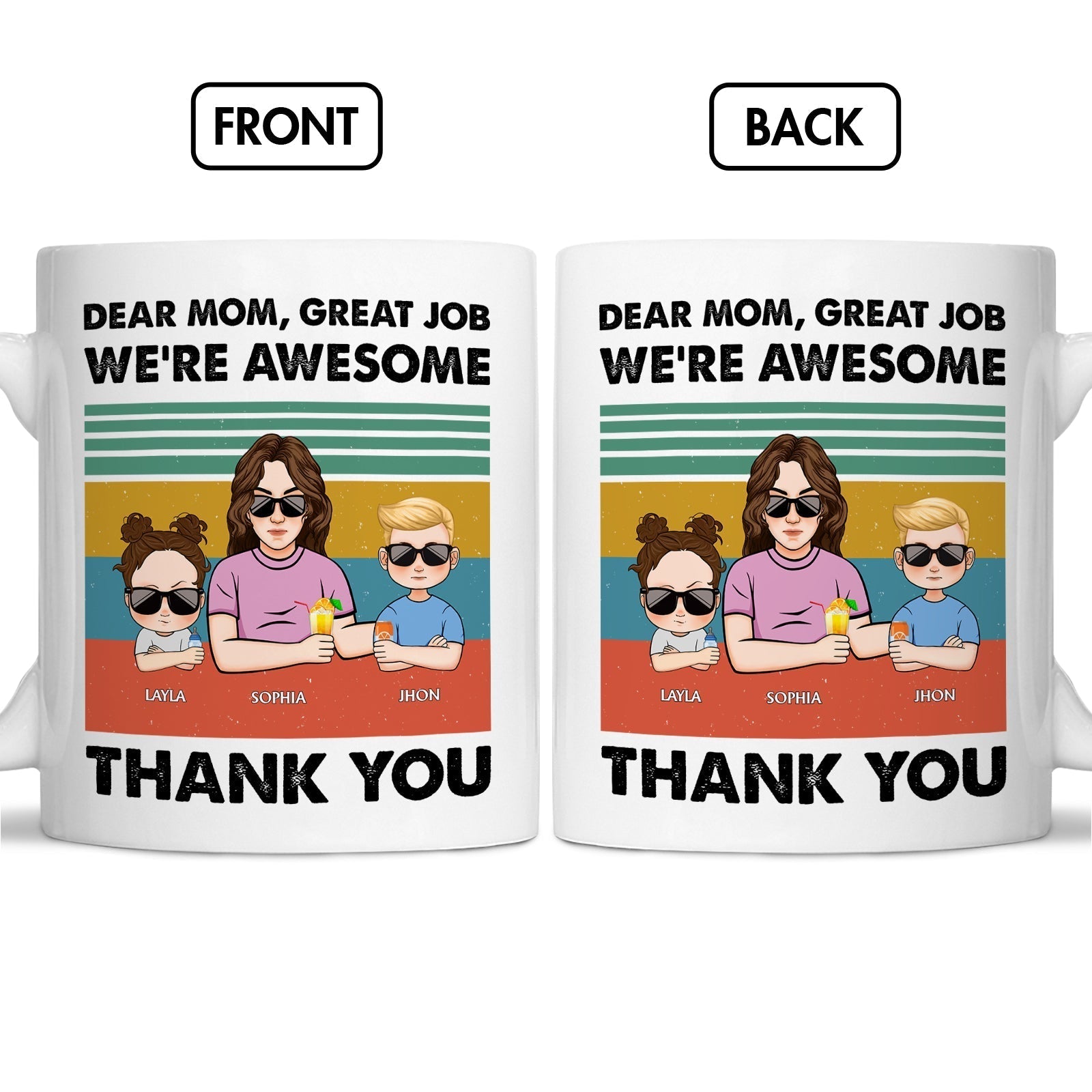 Personalized mom mug featuring a colorful design with cartoon characters and a heartfelt message