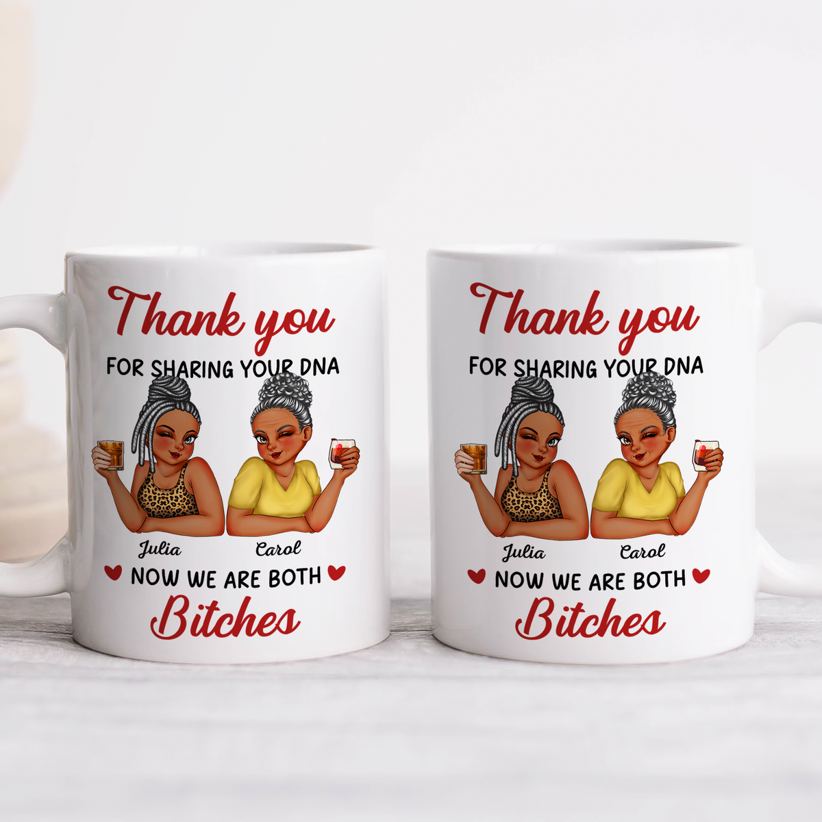 Personalized mom mug with thank you message and two illustrated women holding drinks