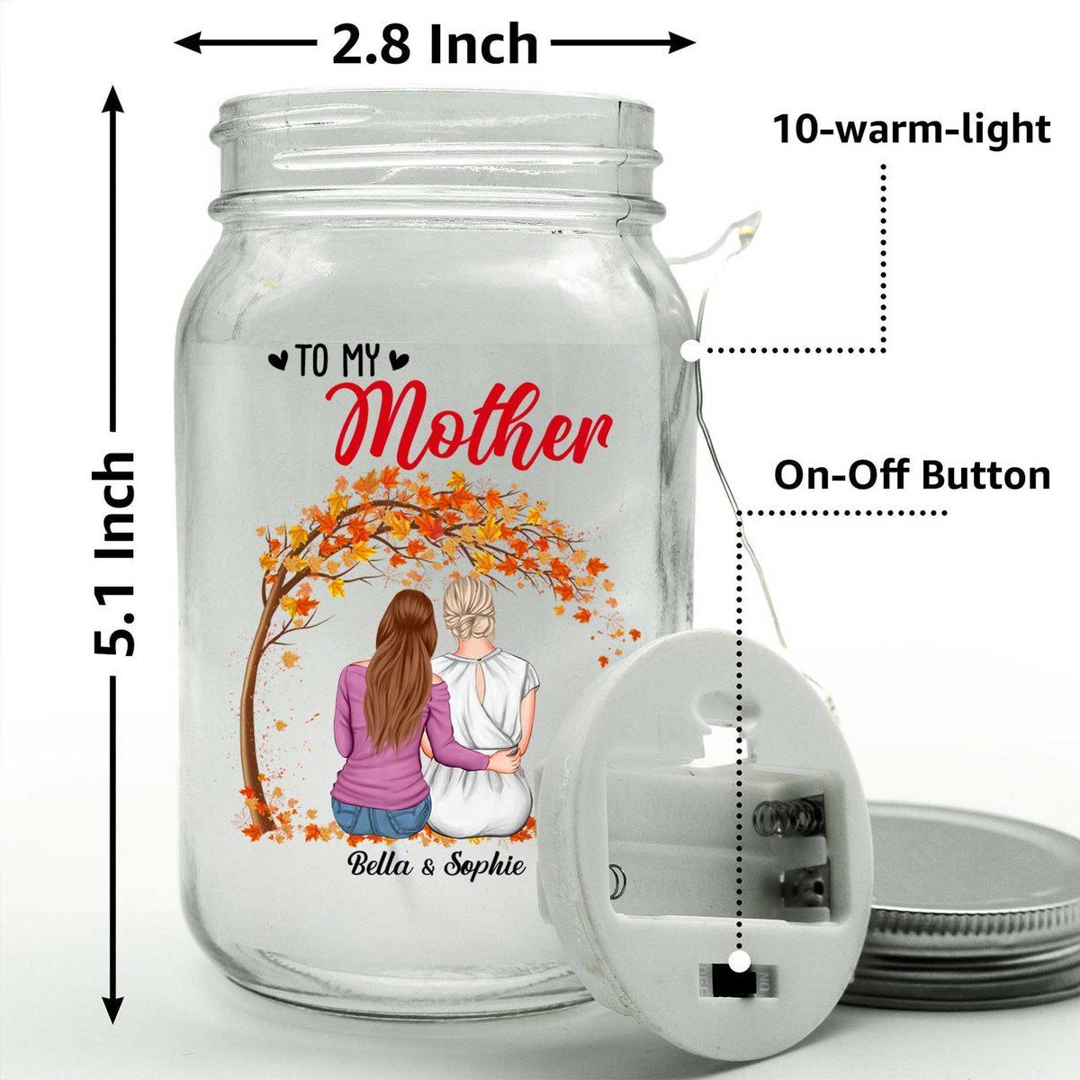 Personalized mom night light in a jar design with two figures and a warm light feature