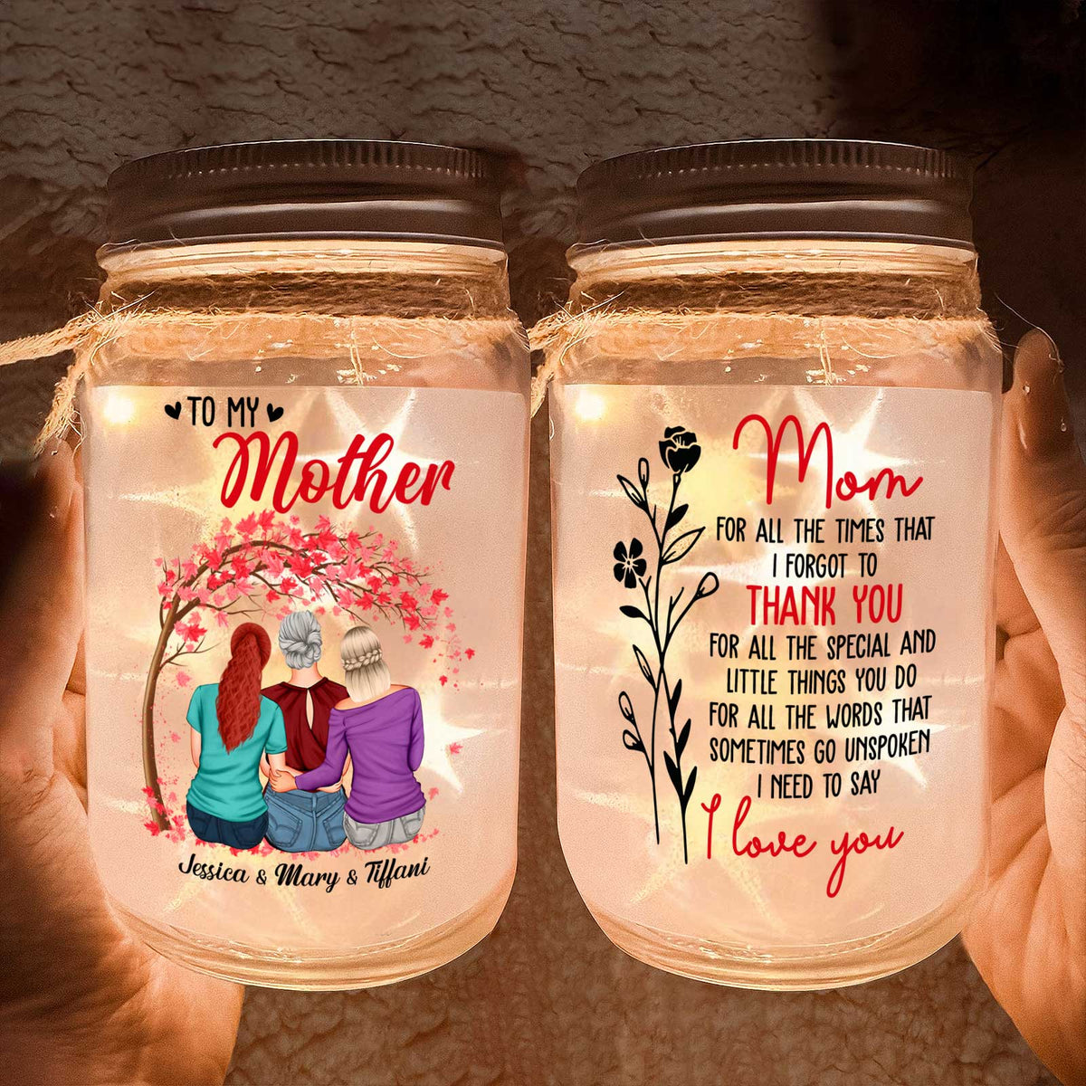 Personalized mom night light in a mason jar featuring heartfelt messages and colorful designs