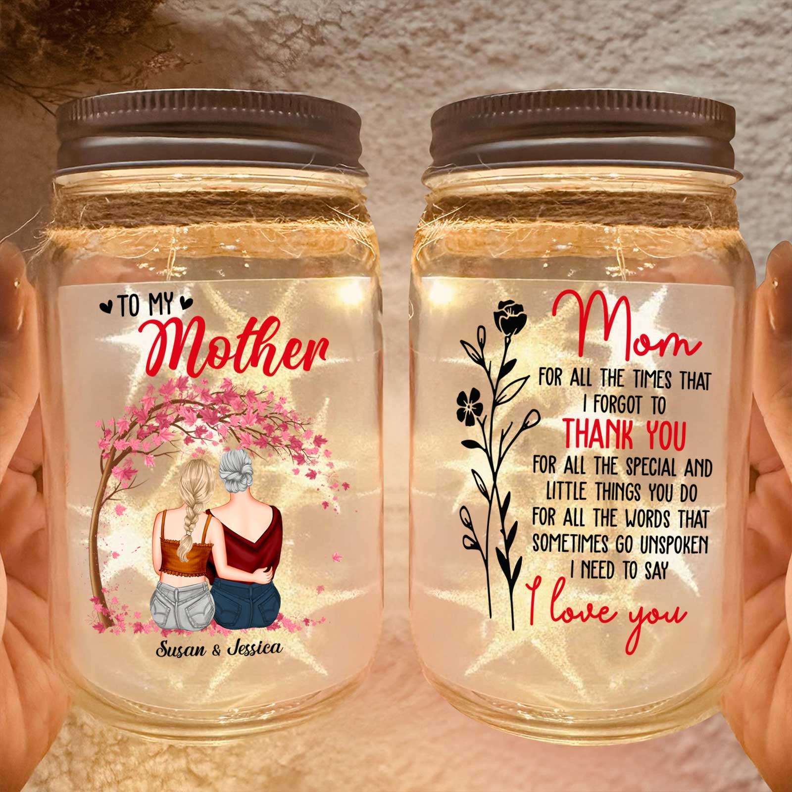 Personalized mom night light in a mason jar featuring a heartfelt message and floral design