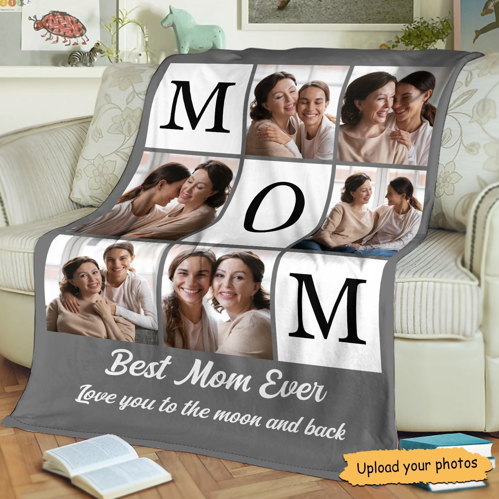 Personalized mom photo blanket featuring heartfelt images and the phrase Best Mom Ever
