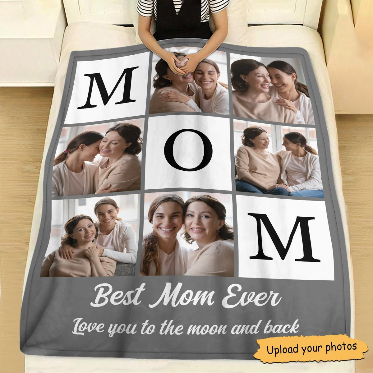 Personalized mom photo blanket featuring heartfelt memories with family and the text Best Mom Ever