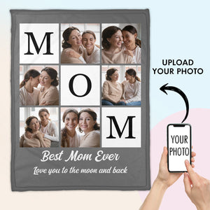Personalized mom photo blanket featuring a collage of family moments and the text Best Mom Ever