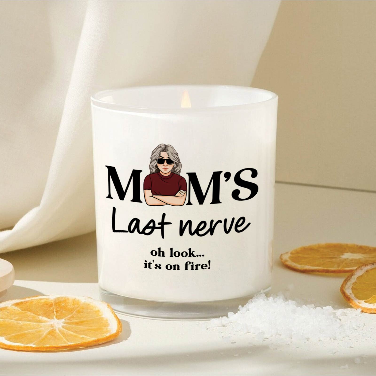 Personalized mom scented candle featuring humorous design and a fresh citrus scent