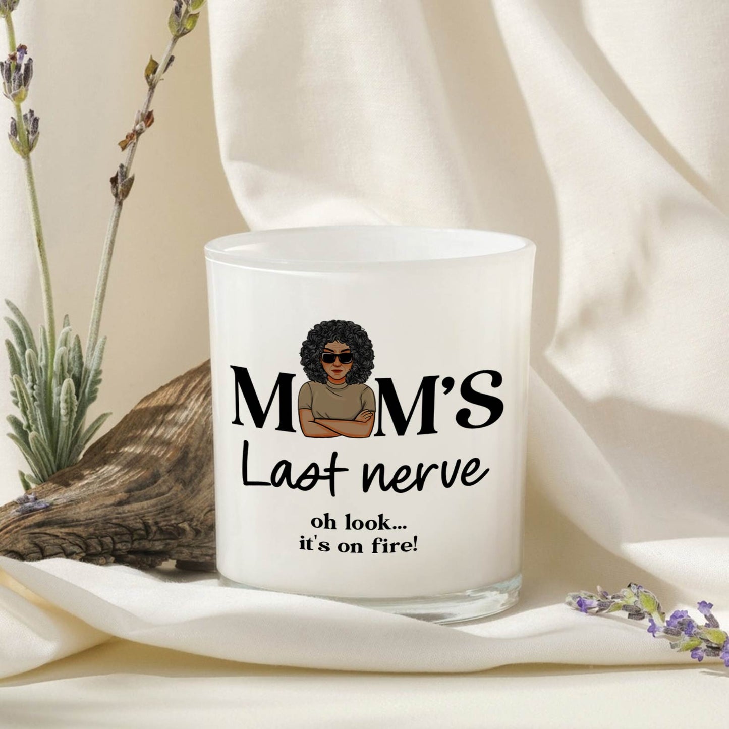 Personalized mom scented candle with humorous text and stylish woman graphic on a light background