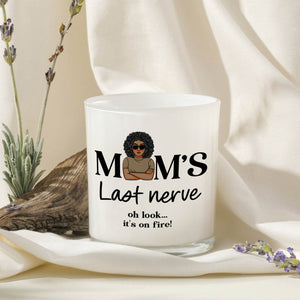 Personalized mom scented candle with humorous text and stylish woman graphic on a light background