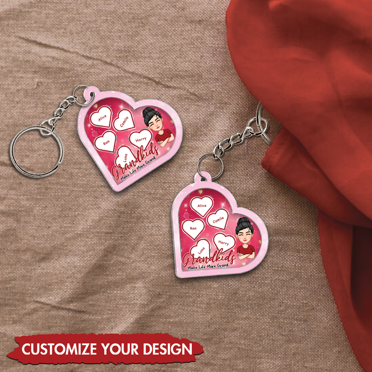 Personalized mom shaking keychain with customizable design and heart shape featuring names