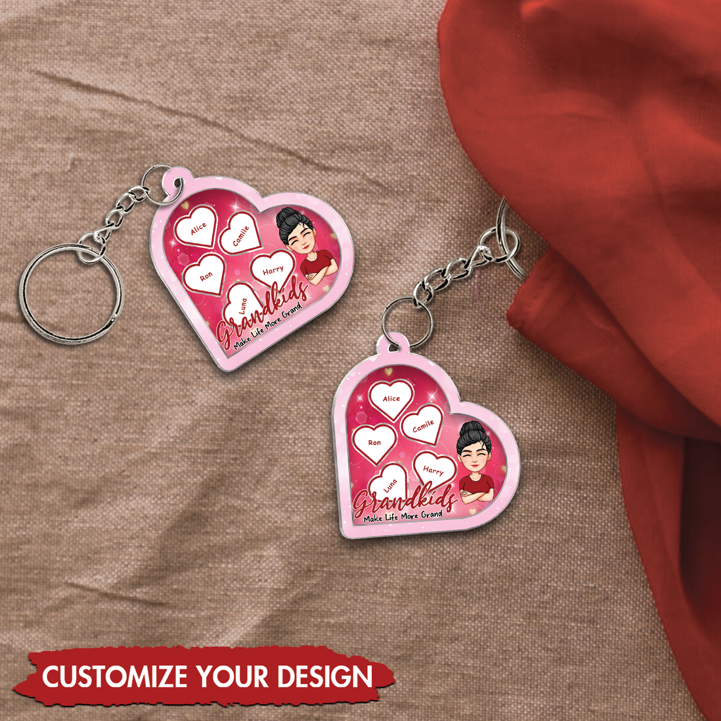 Personalized mom shaking keychain with customizable design and heart shape featuring names