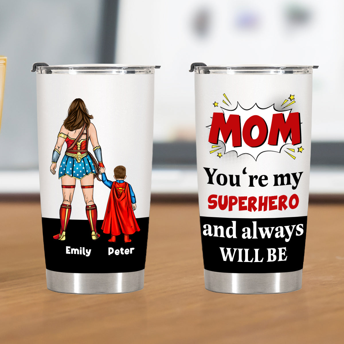 Personalized mom superhero tumbler featuring custom names and a superhero design