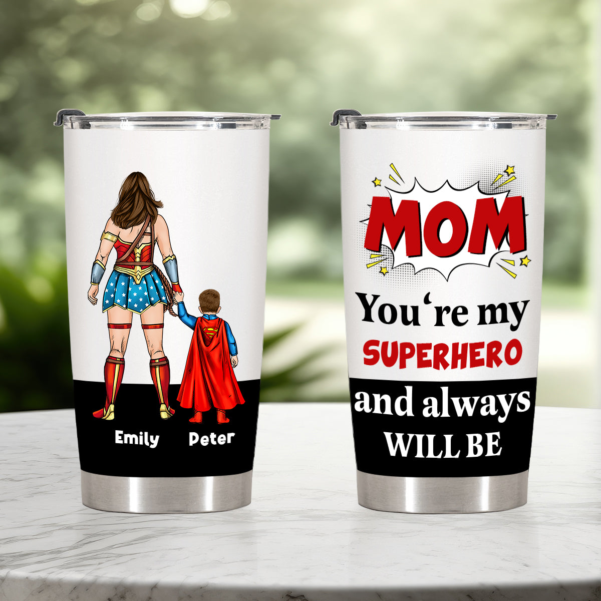 Personalized mom superhero tumbler featuring a superhero mom and child design with names Emily and Peter