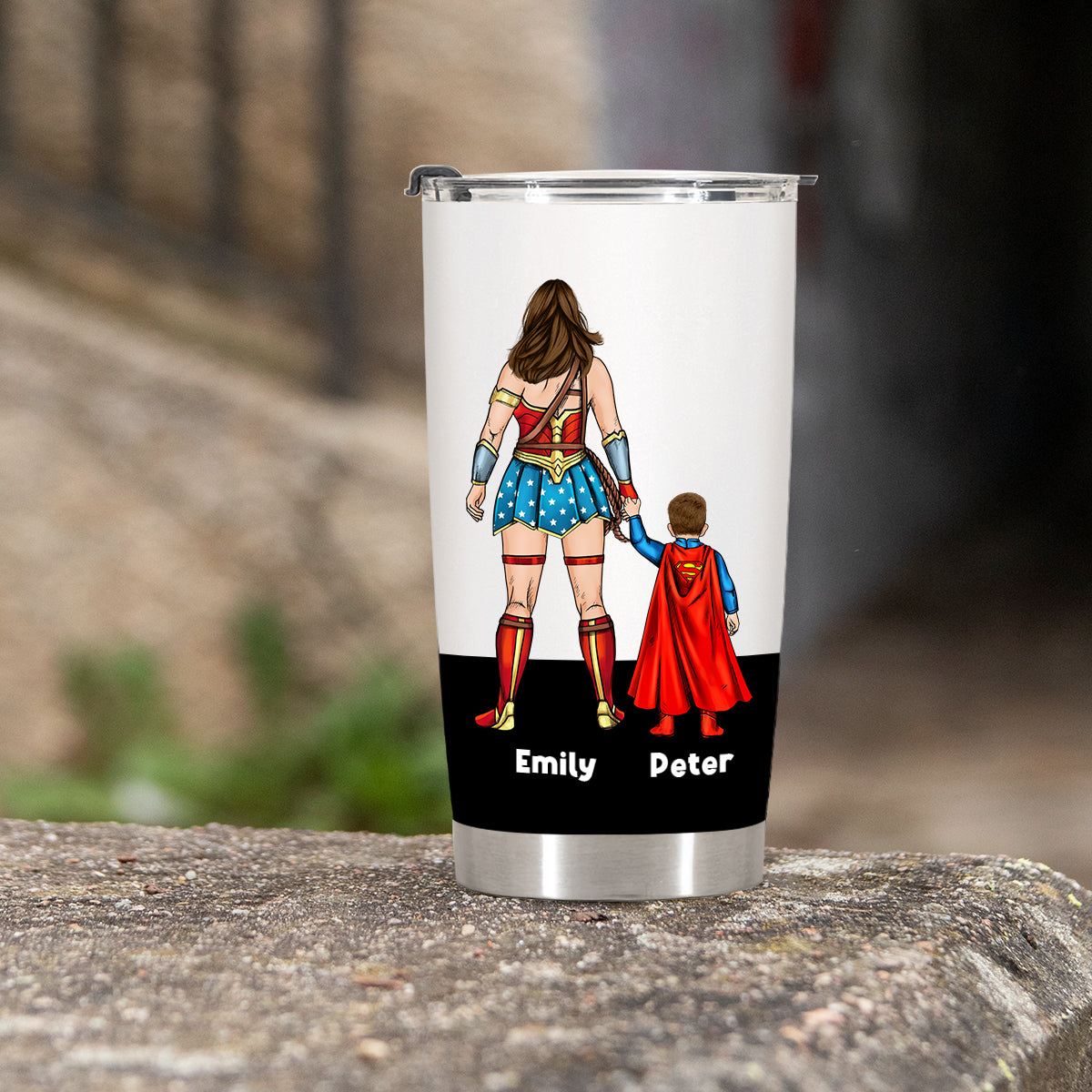 Personalized mom superhero tumbler featuring a mother and child in superhero costumes