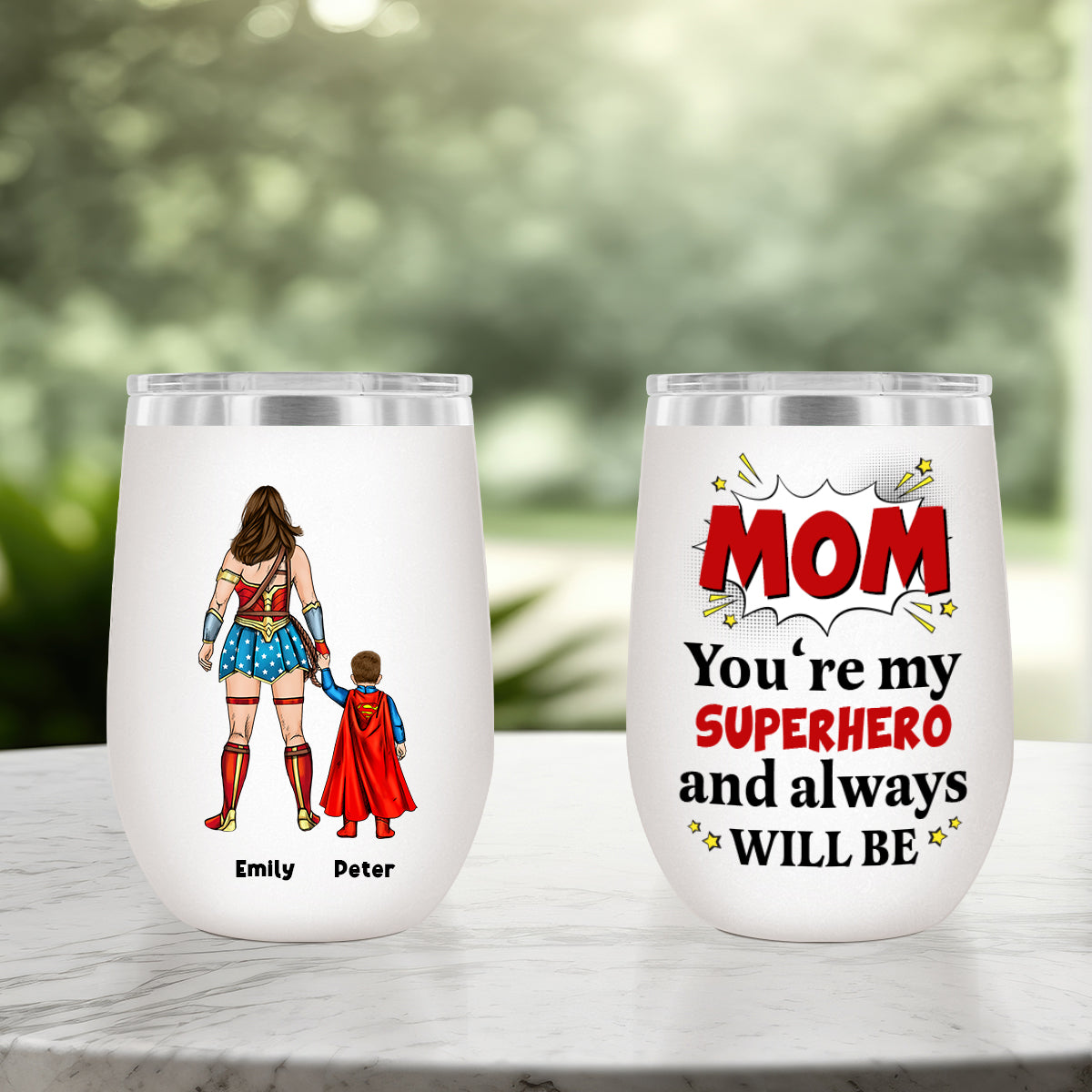 Personalized mom superhero tumbler featuring a Wonder Woman design with kids' names