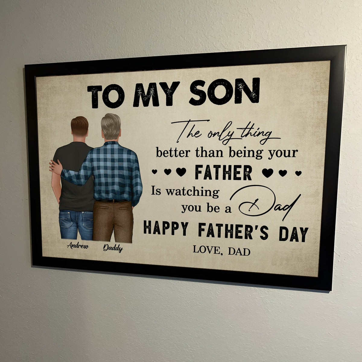 Personalized mom to son poster featuring heartfelt message for Father's Day with illustrated characters