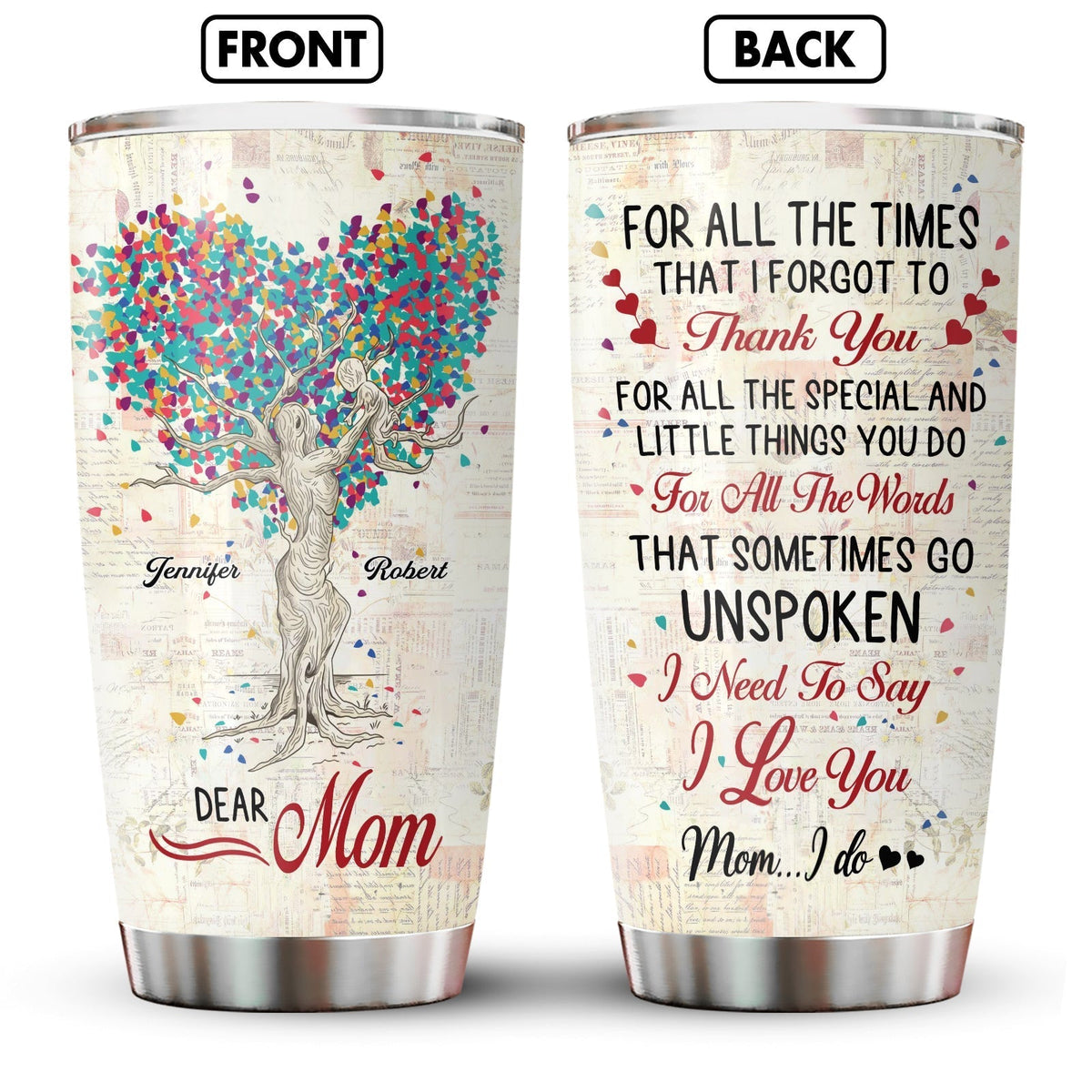 Personalized mom tumbler featuring heartfelt messages and a colorful tree design on a metal surface