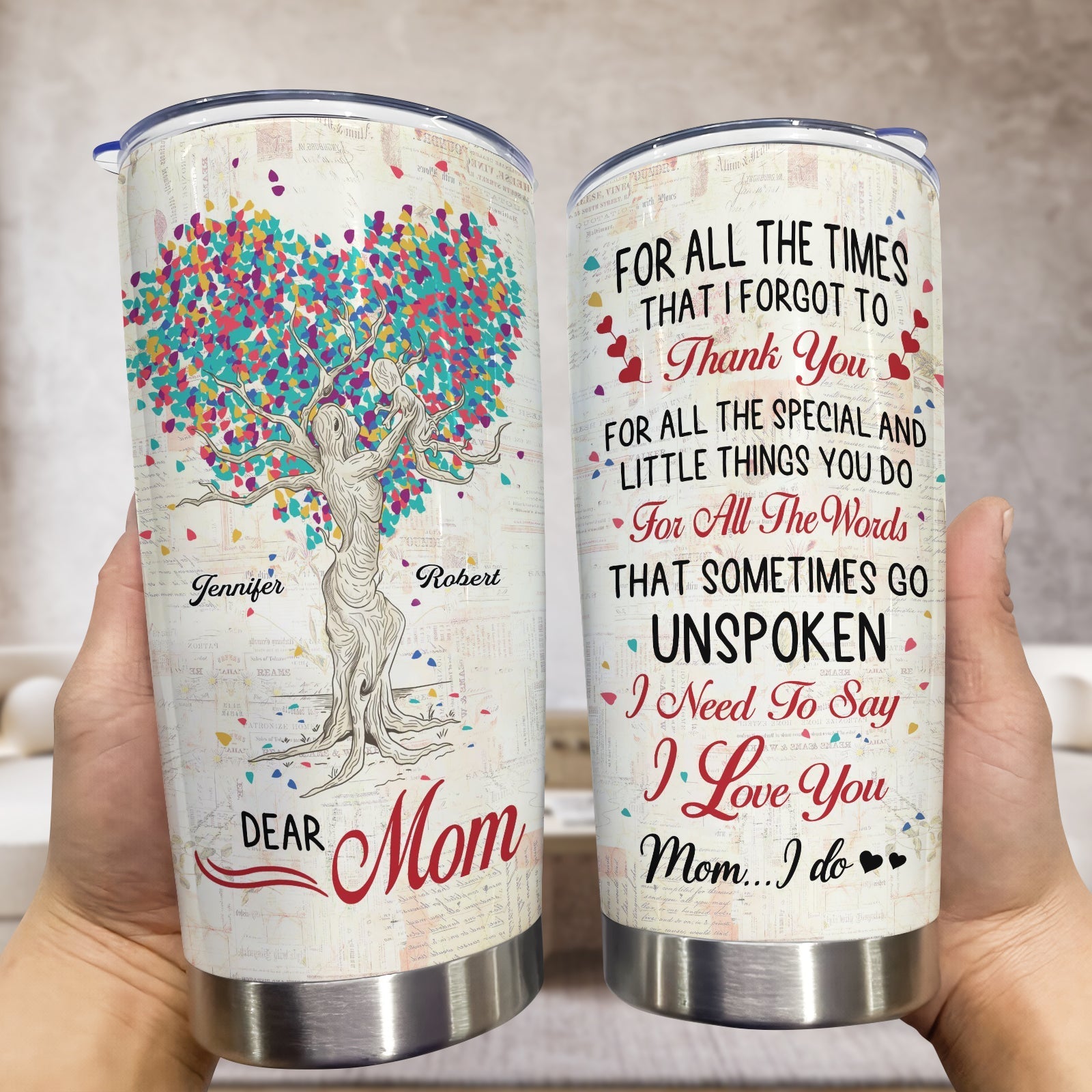 Personalized mom tumbler featuring heartfelt messages and a tree design, ideal for gifts