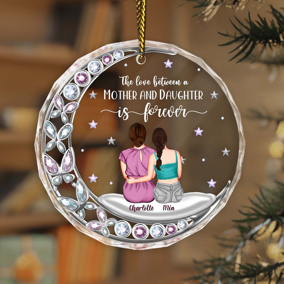 Personalized mother and daughter ornament featuring a heartfelt design with names and moon accents