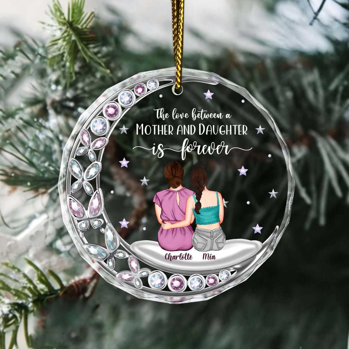 Personalized mother and daughter ornament featuring two girls sitting together with a moon design