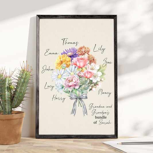 Personalized mother birth flower poster featuring a bouquet of flowers with names in elegant script