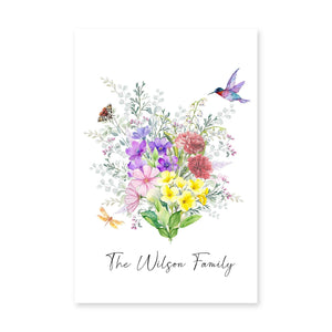 Personalized mother birth flower poster featuring colorful flowers and hummingbird design