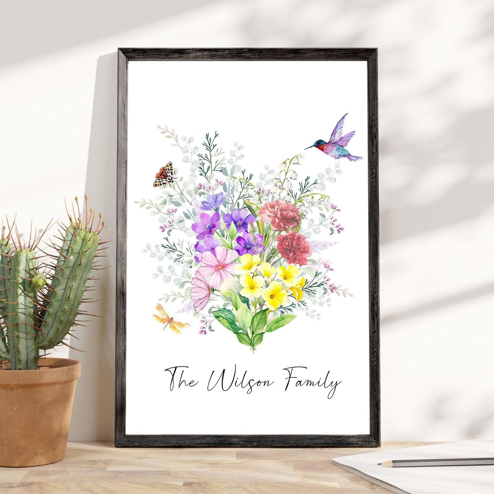 Personalized mother birth flower poster featuring colorful flowers and the Wilson Family name in elegant typography