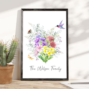 Personalized mother birth flower poster featuring colorful flowers and the Wilson Family name in elegant typography
