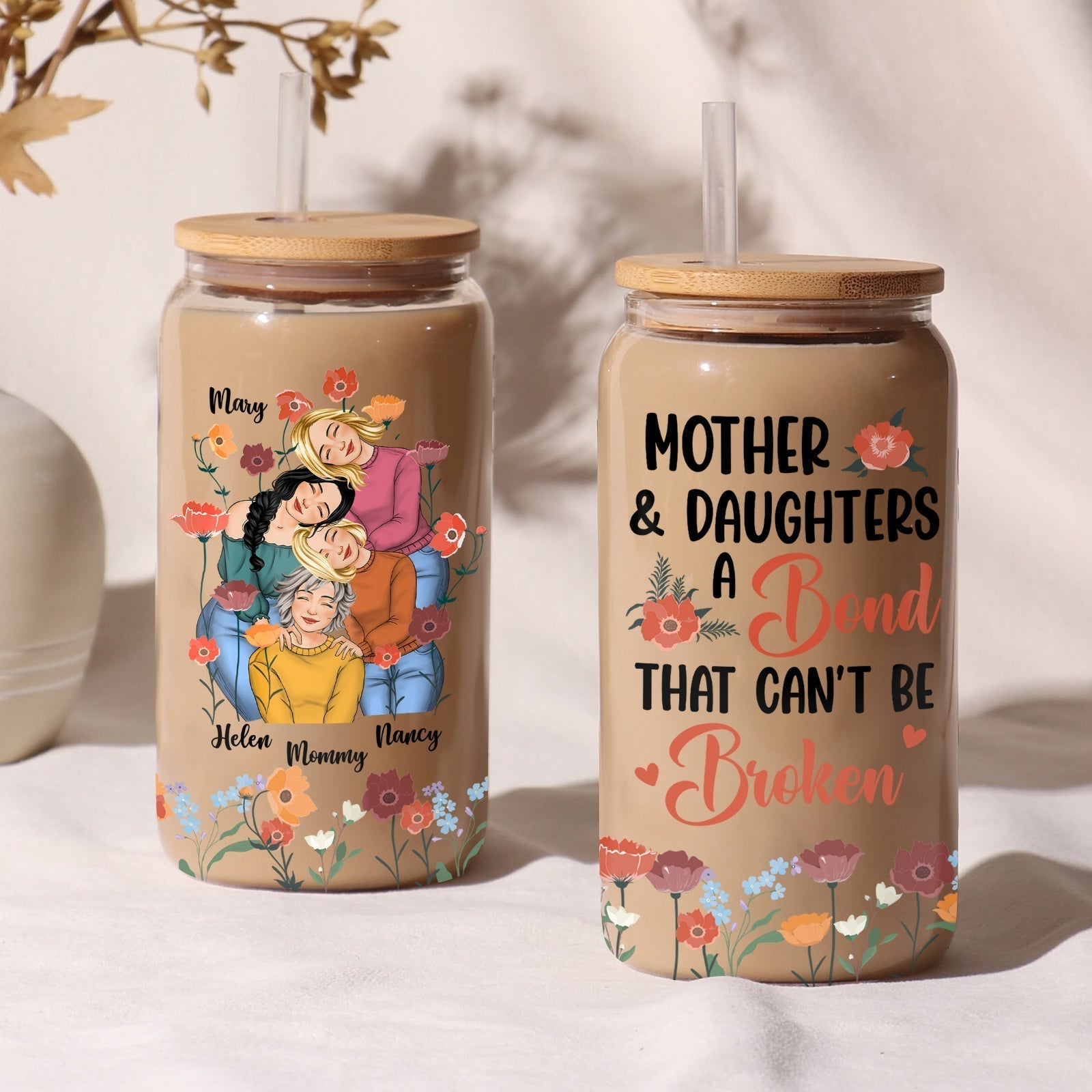 Personalized mother daughter glass can featuring floral design and customizable names for a special bond