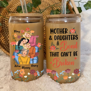 Personalized mother daughter glass can featuring floral design and family illustrations