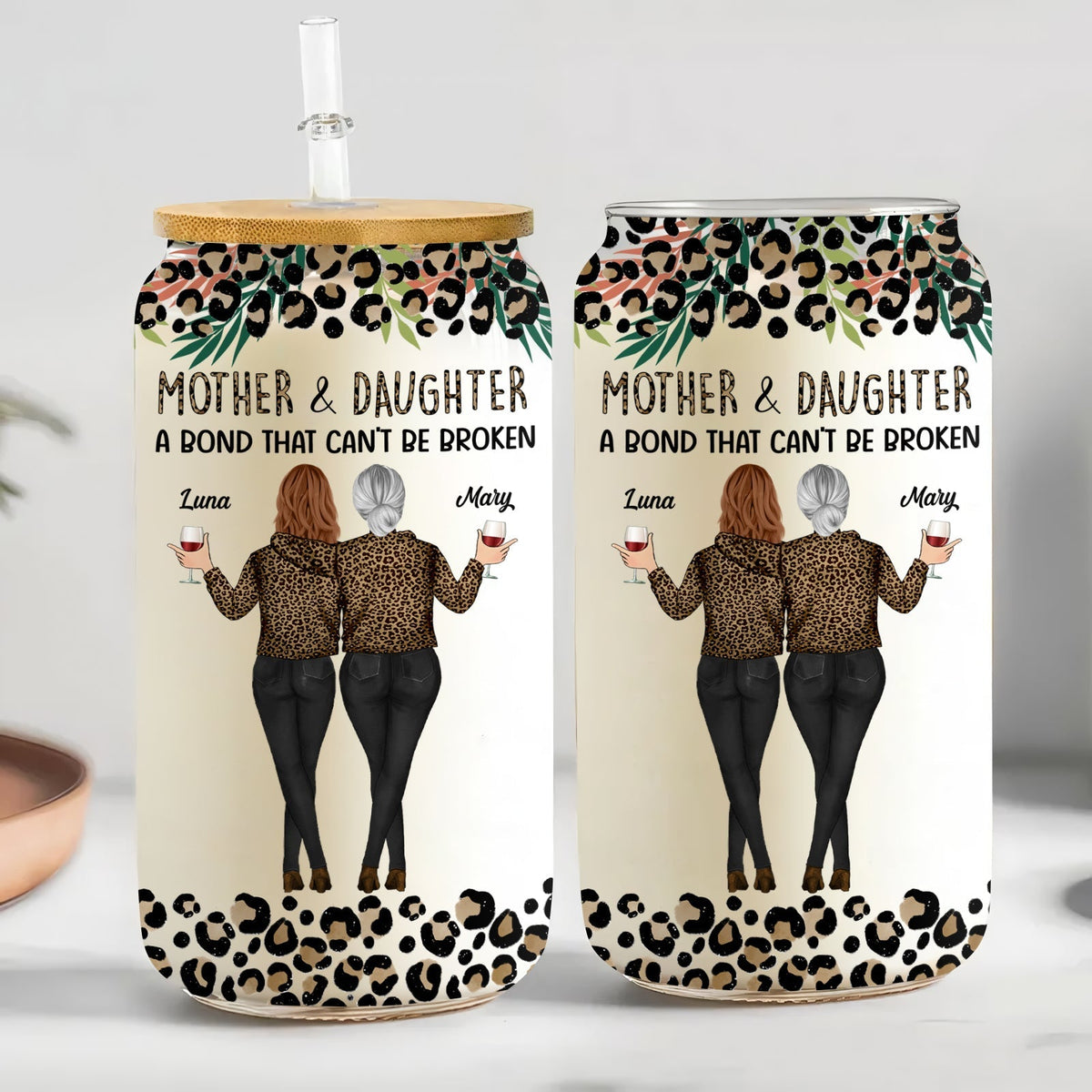 Personalized mother daughter glass can with custom names and a heartfelt message about their bond