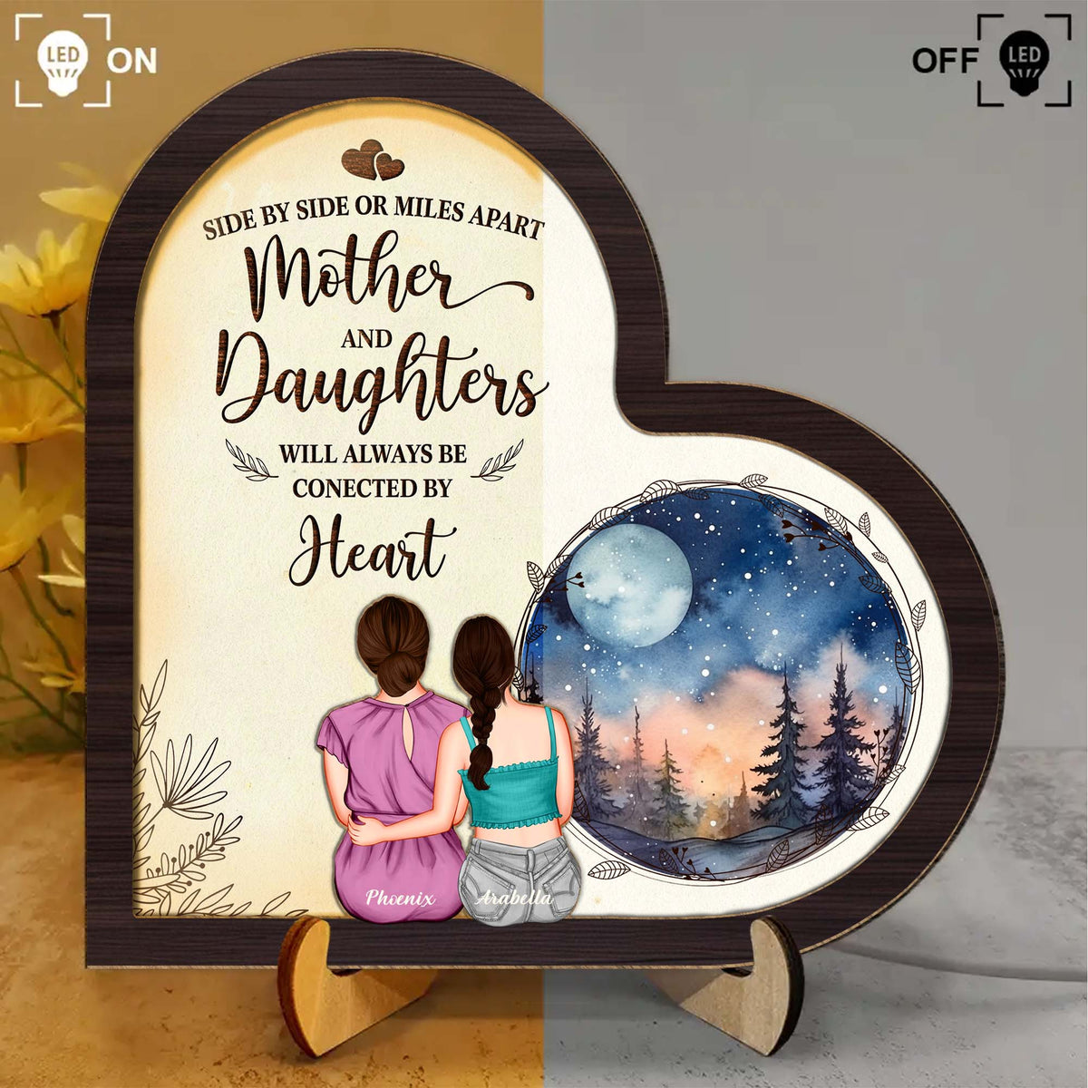 Personalized mother daughter LED light featuring an artistic design with a heartfelt message